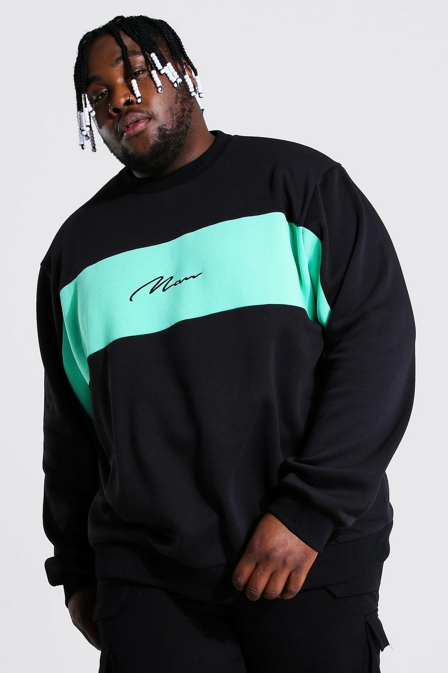 Black Plus Size Man Script Colour Block Sweatshirt image number 1