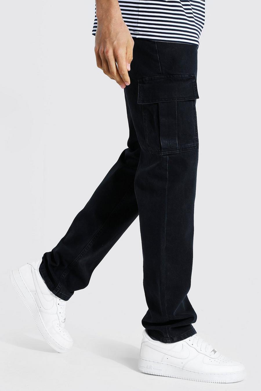 Jeans cargo con gamba dritta e cerniera laterale sull’orlo Tall, Nero effetto lavato image number 1