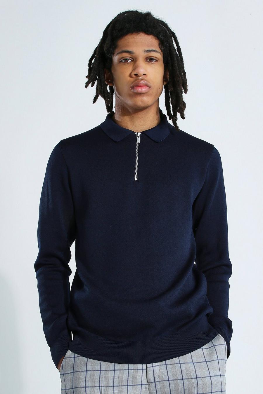 Navy Tall Long Sleeve Half Zip Knitted Polo image number 1
