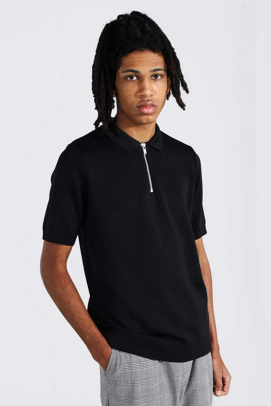 Black Tall Short Sleeve Half Zip Knitted Polo image number 1