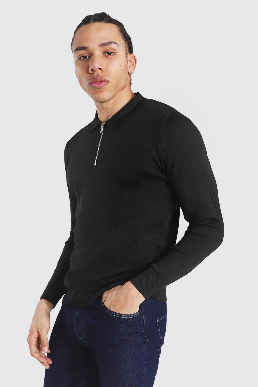 Black Tall Long Sleeve Half Zip Knitted Polo image number 1