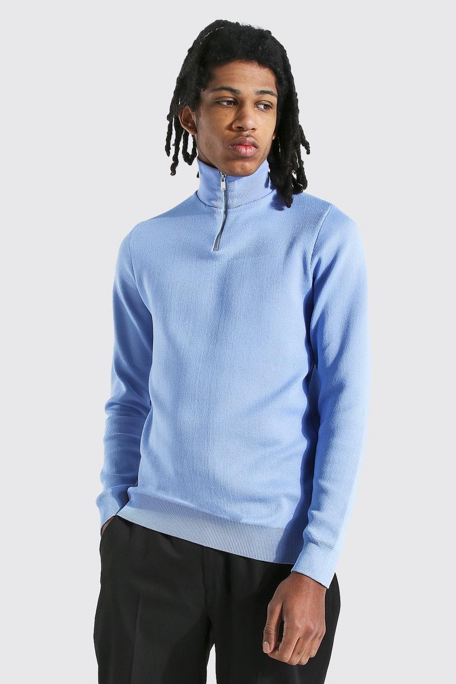 Dusty blue Tall Half Zip Funnel Neck Jumper image number 1