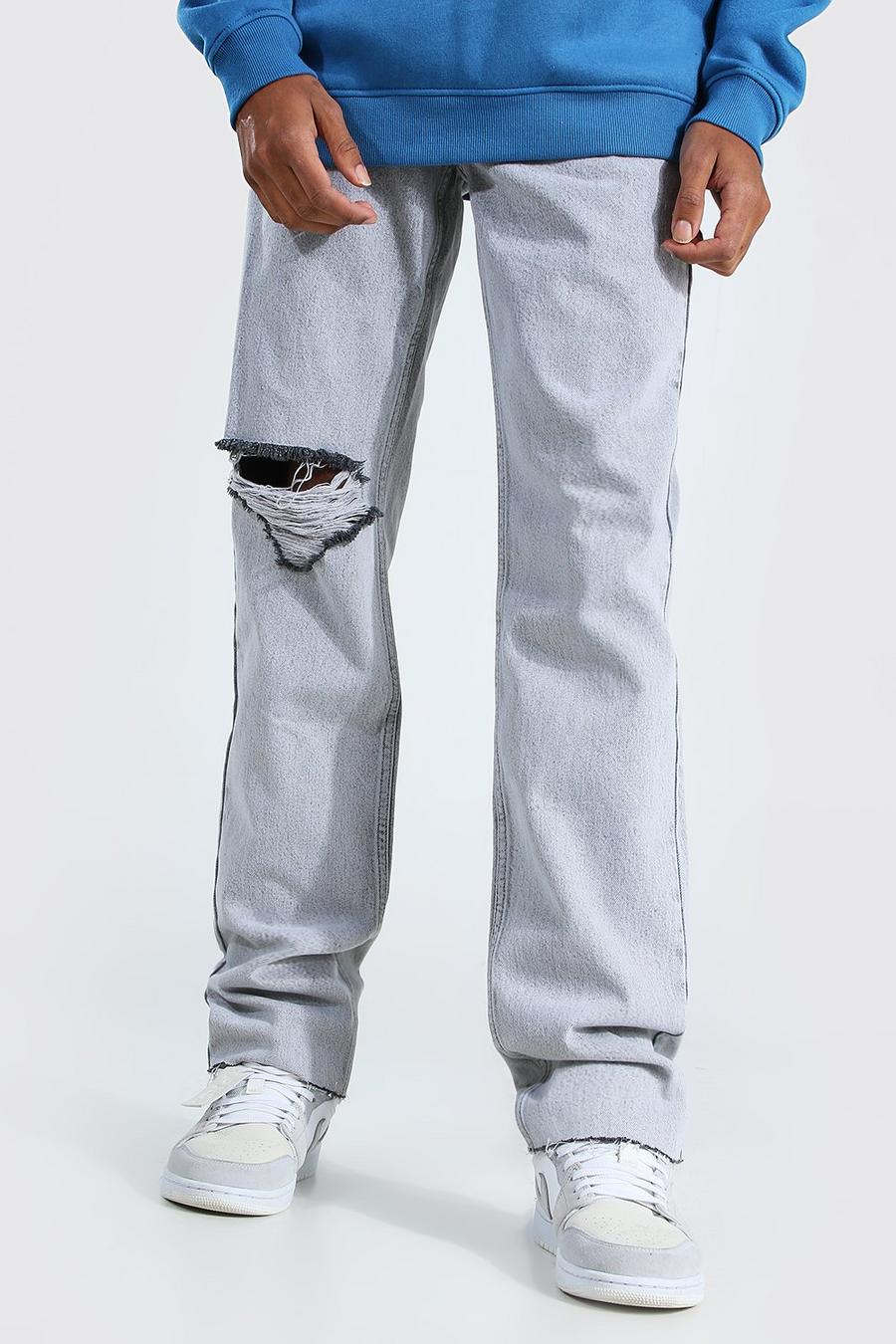 אפור קפוא ג'ינס בגזרה ישרה עם קרעים גדולים בברכיים לגברים גבוהים image number 1