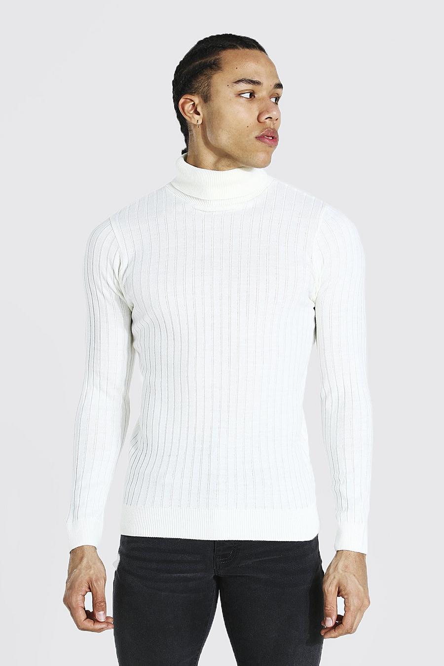 Cream Tall Muscle Fit Ribbed Roll Neck Jumper image number 1