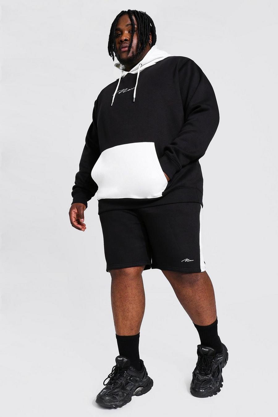 Tuta sportiva Plus a blocchi di colore con pantaloncini e scritta MAN, Nero image number 1
