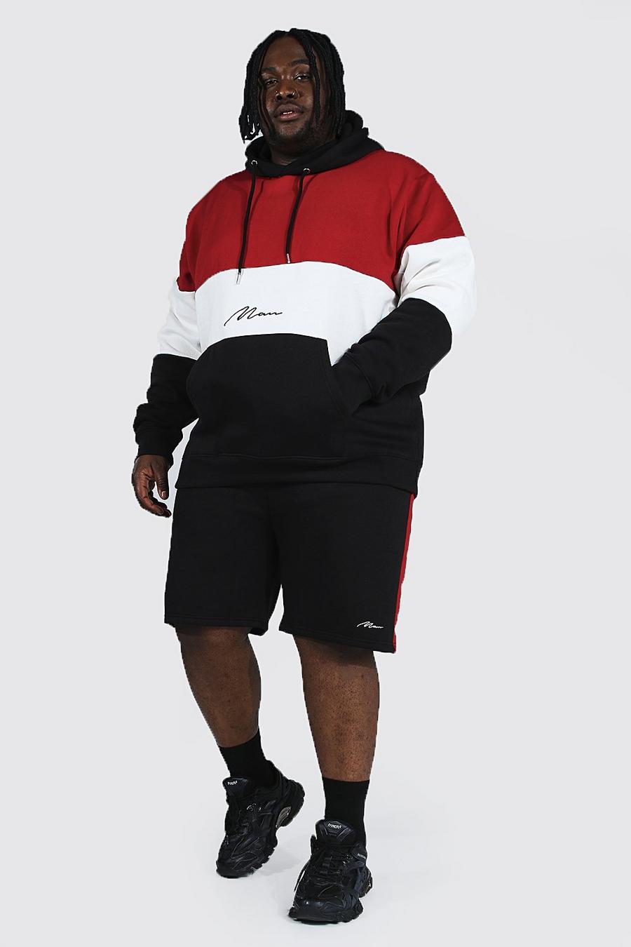 Plus Short-Trainingsanzug mit Colorblock und Man-Schriftzug, Rot image number 1