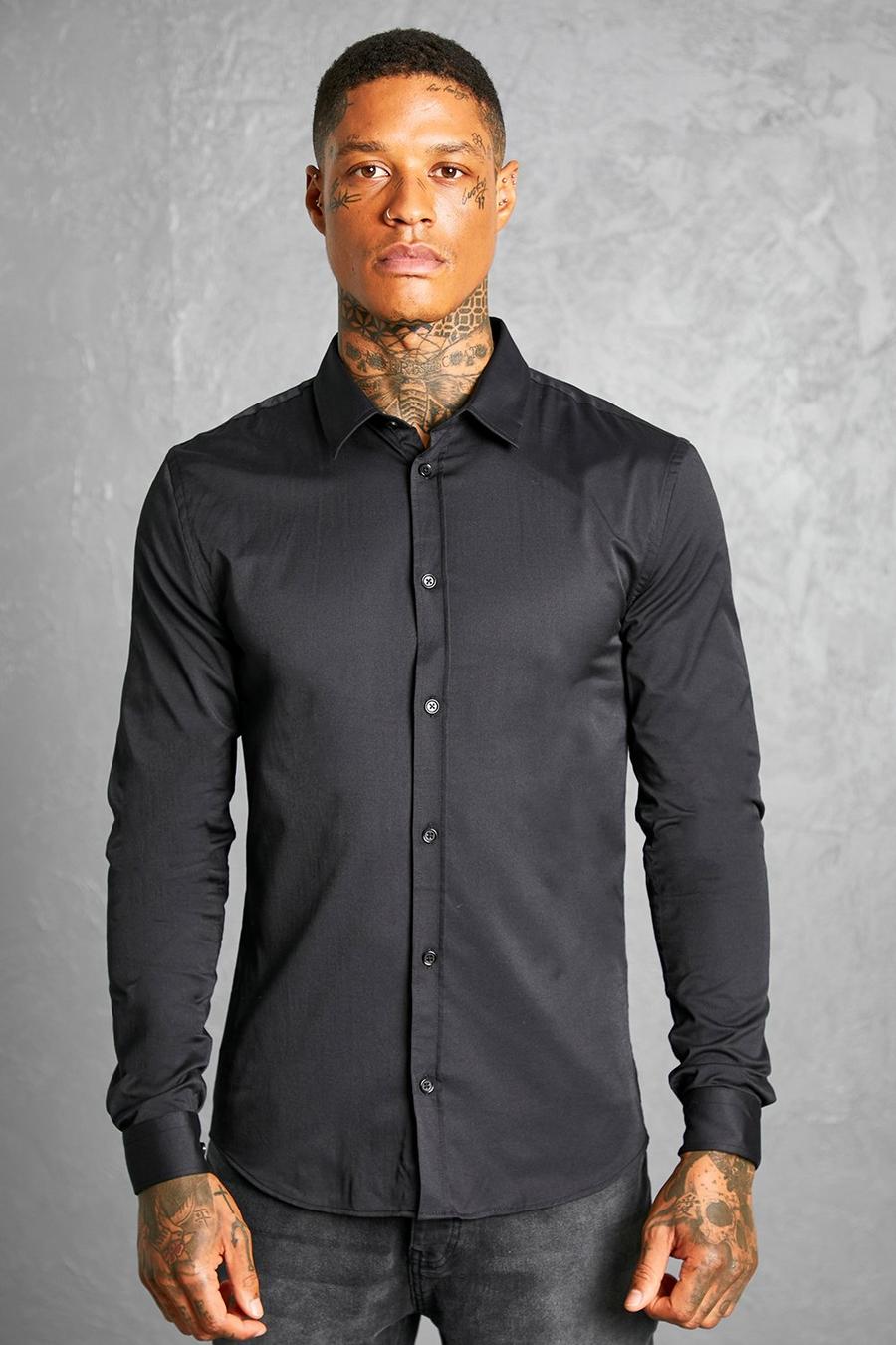 Black Muscle Fit Overhemd Met Lange Mouwen image number 1