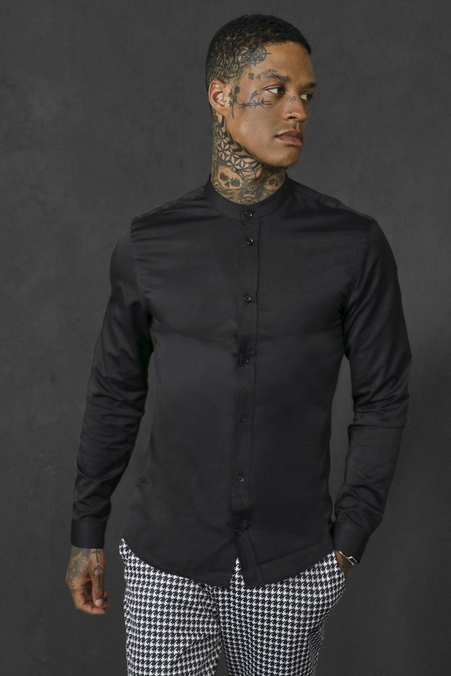 Black Long Sleeve Grandad Collar Slim Shirt image number 1