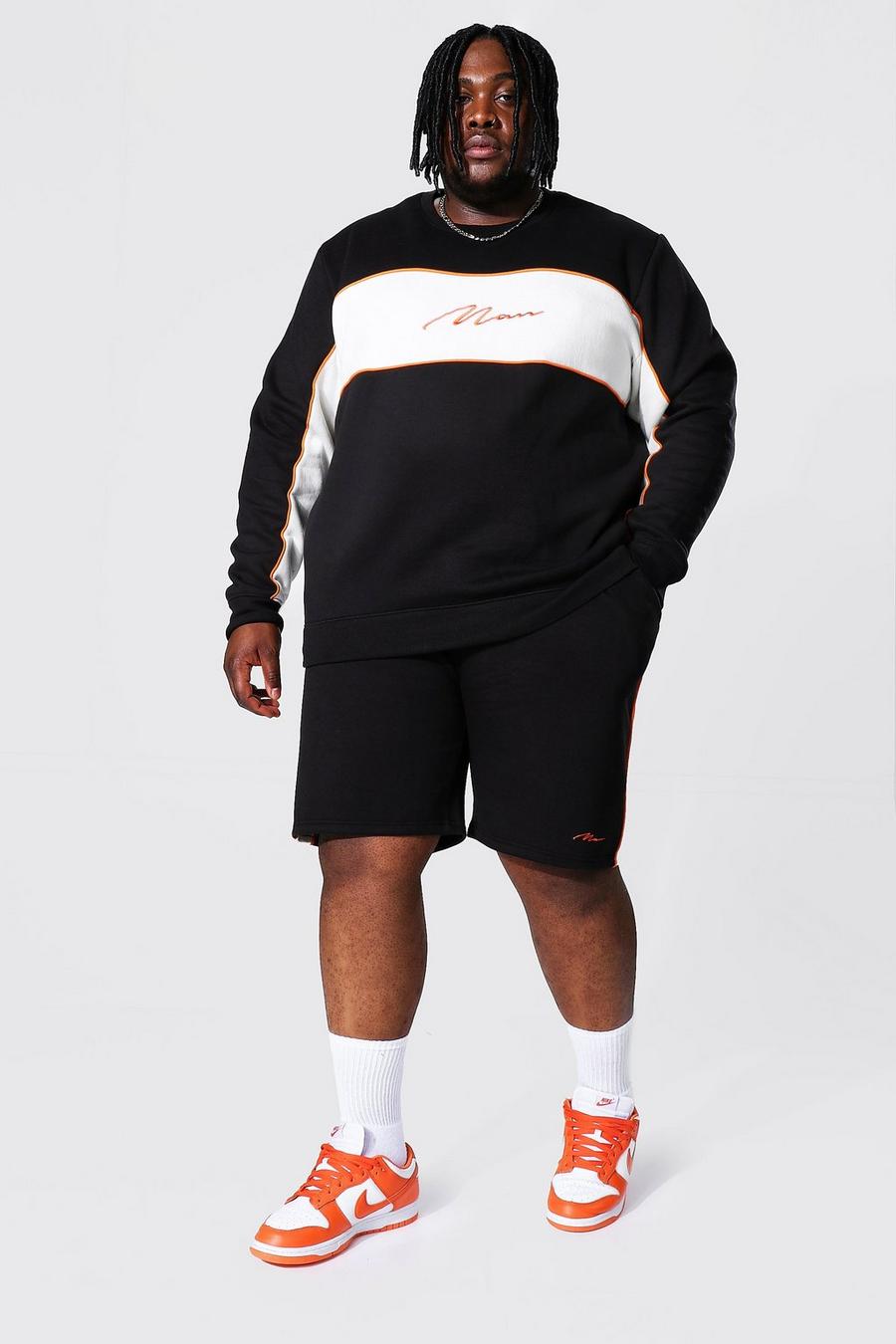 Tuta sportiva Plus Man felpata con pantaloncini a blocchi di colore, Nero image number 1