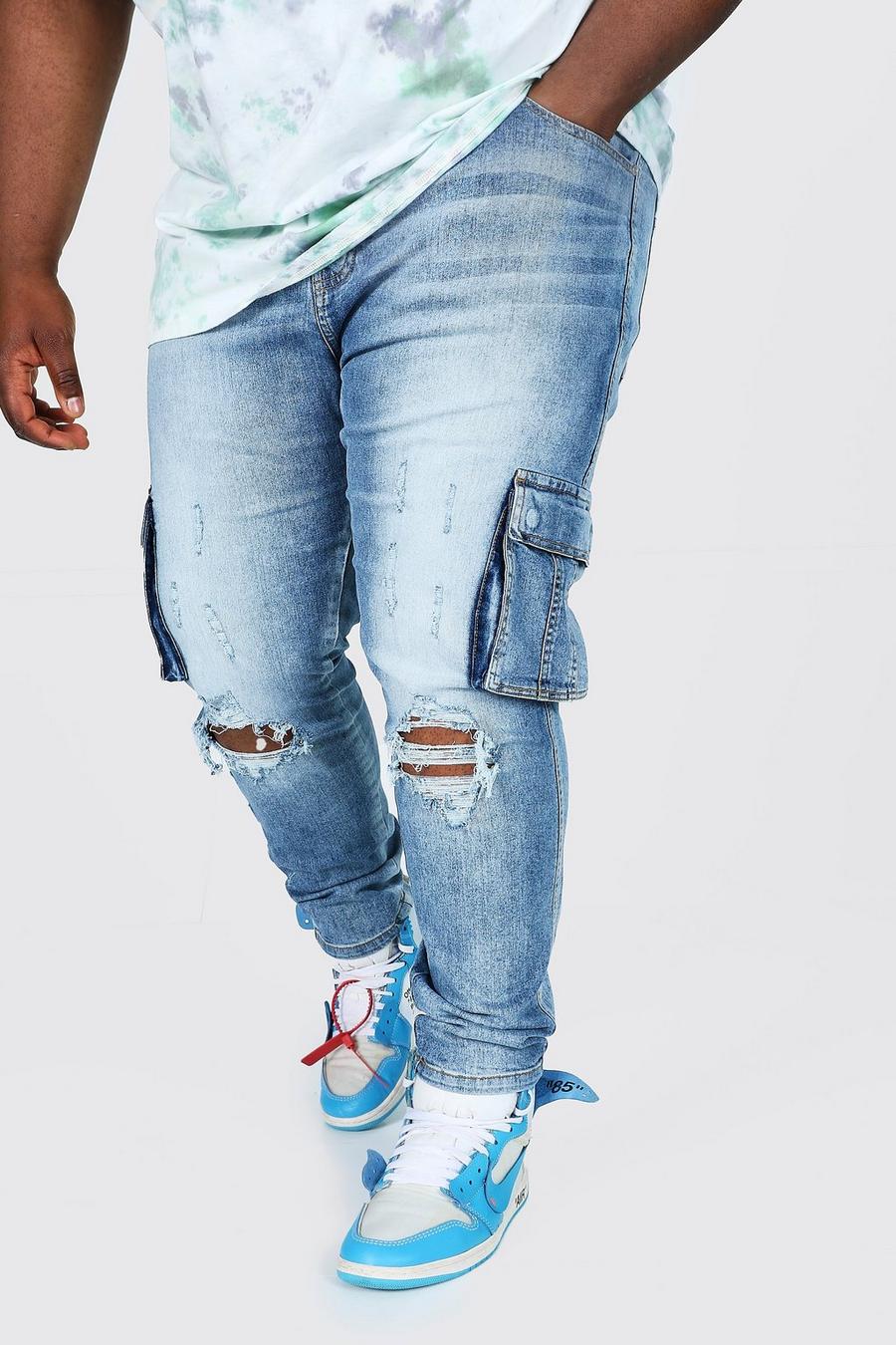Blue Plus Size Skinny Cargo Jeans With Ripped Knee image number 1