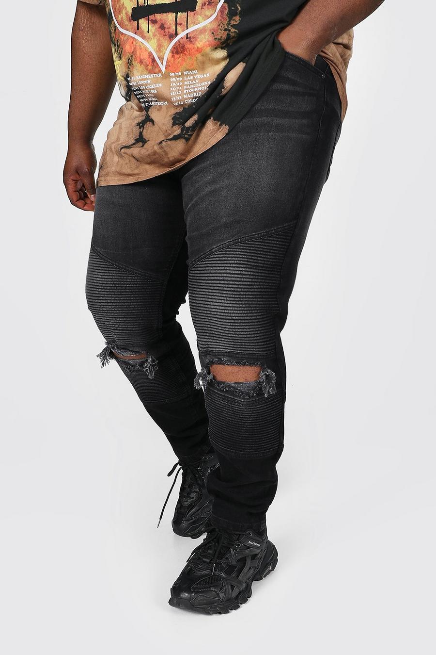 שחור דהוי סקיני ג'ינס אופנוענים ripped בברכיים, מידות גדולות image number 1