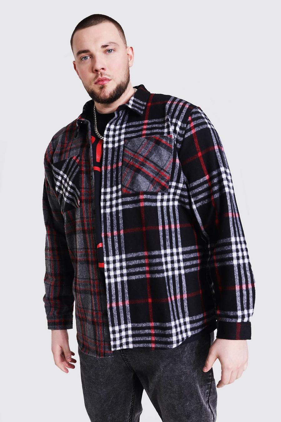 Charcoal Plus Size Spliced Contrast Check Shirt image number 1