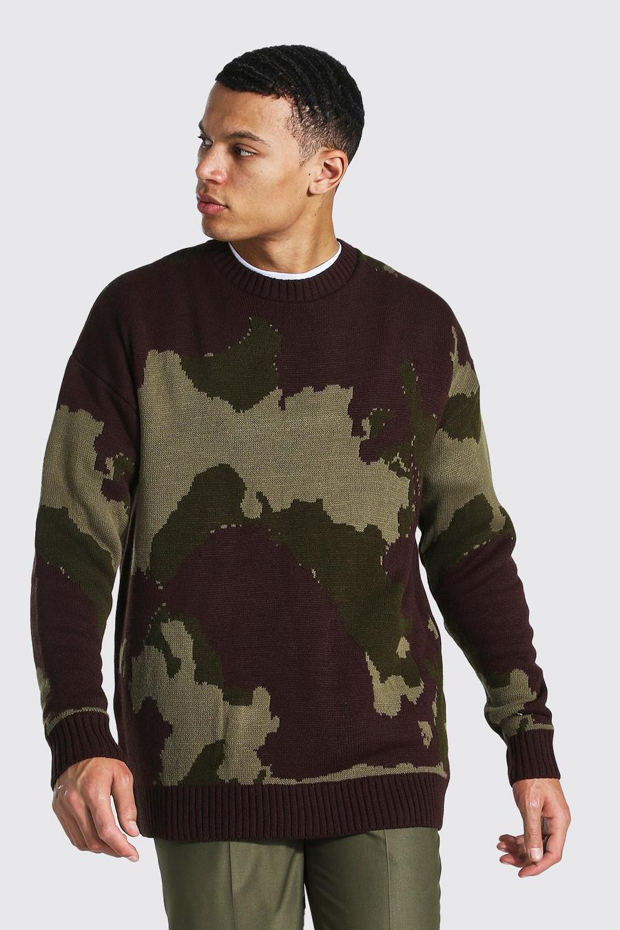 Khaki Tall Abstract Camo Oversized Knitted Sweater image number 1
