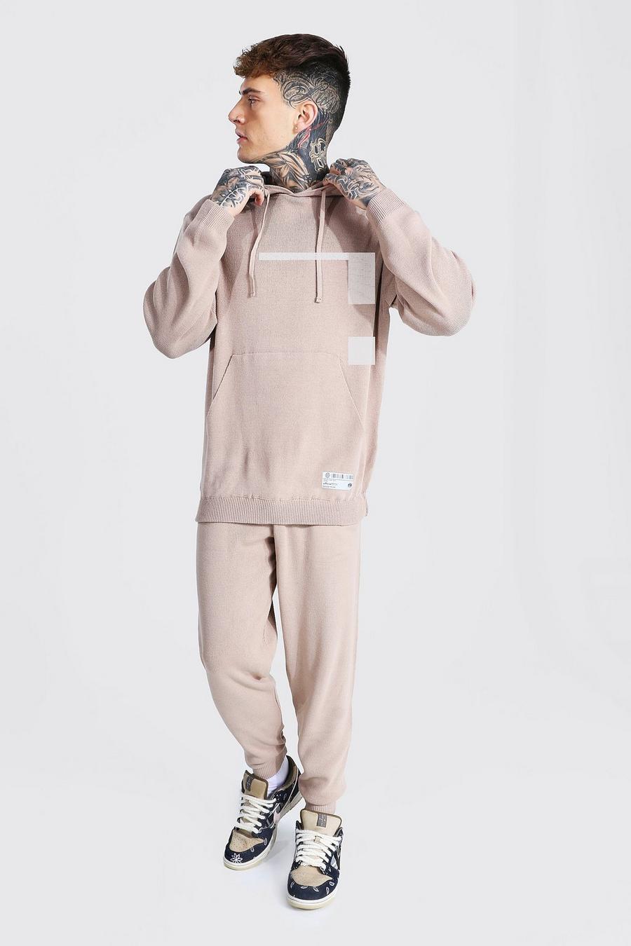Taupe Man Knitted Hoodie & Jogger Tracksuit image number 1
