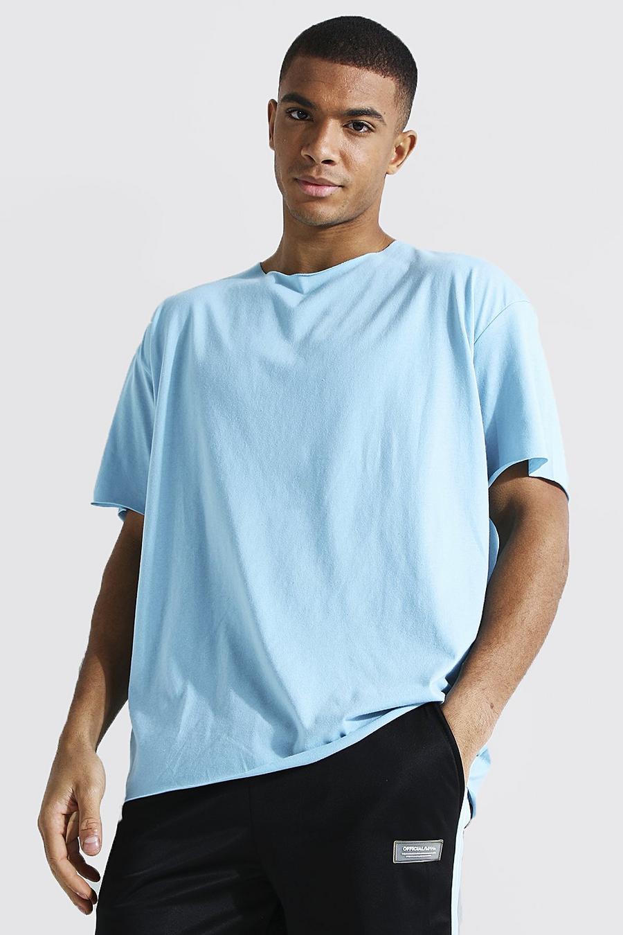 Kurzärmliges T-Shirt in Übergröße mit offenem Saum, Hellblau image number 1