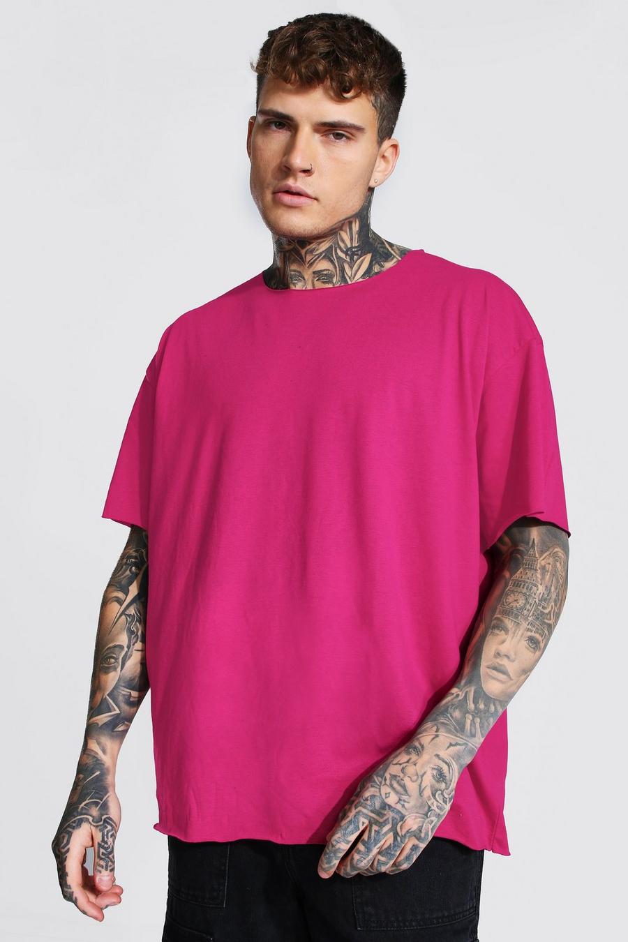 Kurzärmliges T-Shirt in Übergröße mit offenem Saum, Rosa image number 1