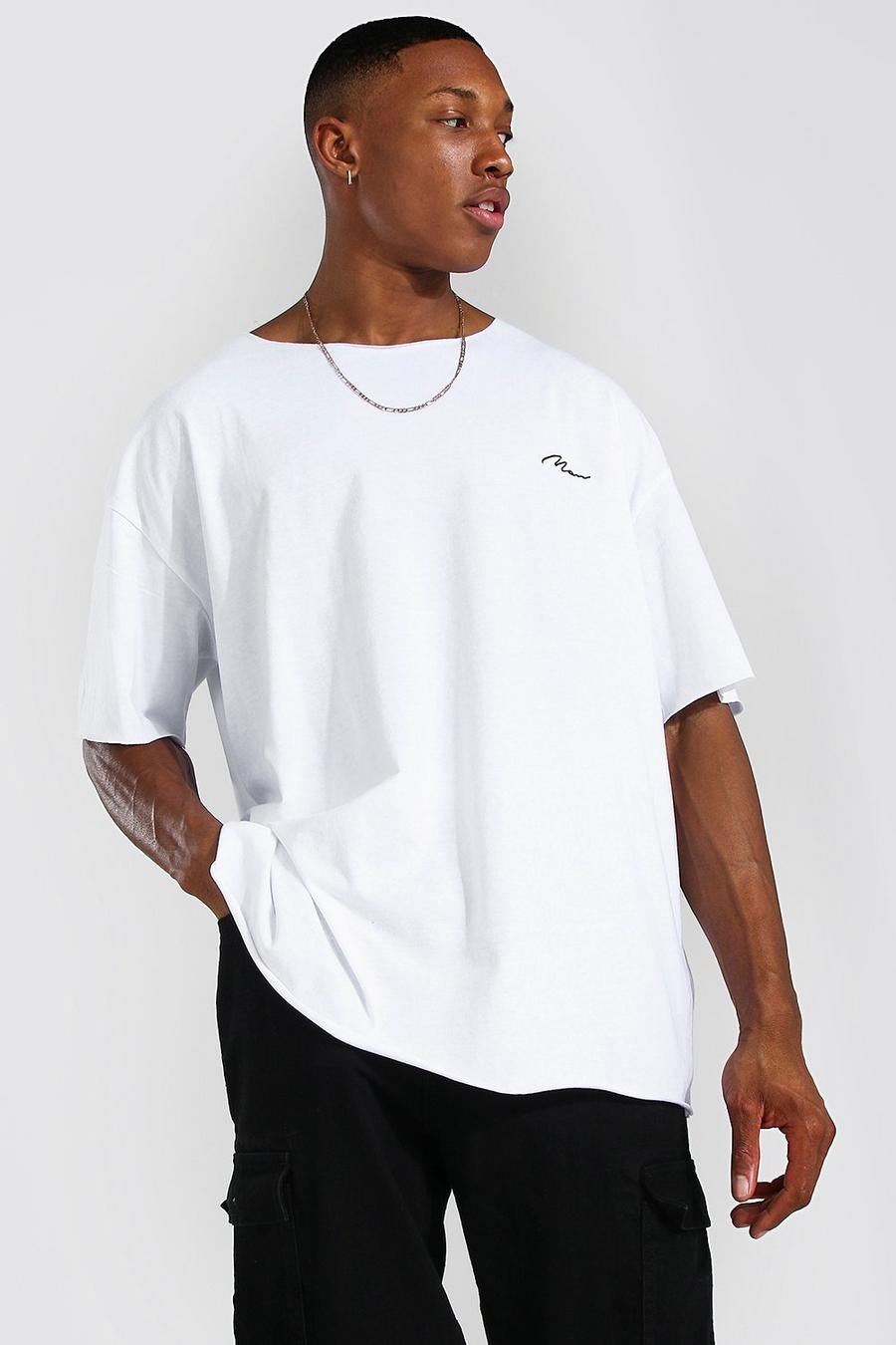 White Oversized Man Signature T-Shirt Met Onbewerkte Zoom image number 1