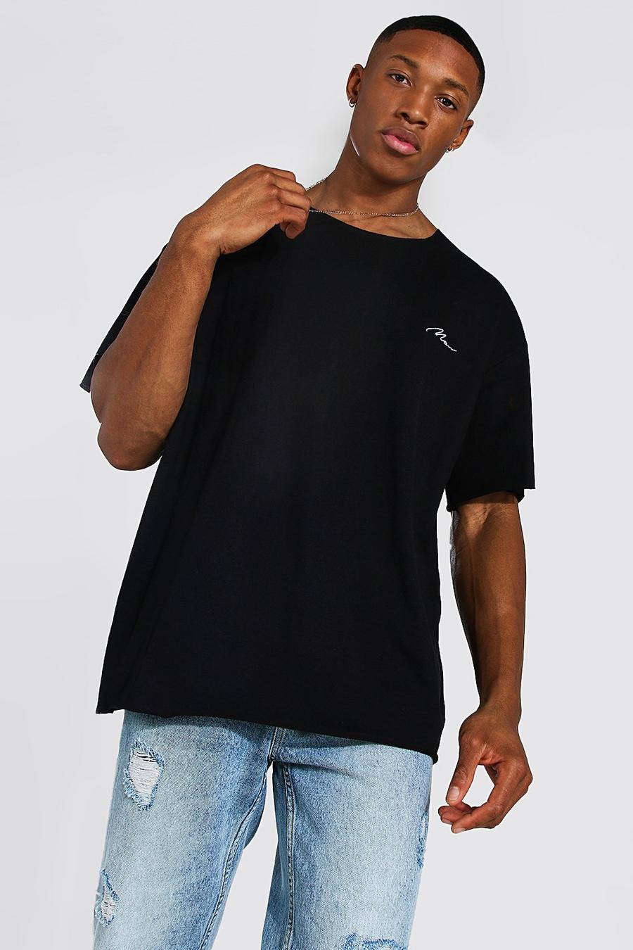 Black Oversized Man Signature T-Shirt Met Onbewerkte Zoom image number 1