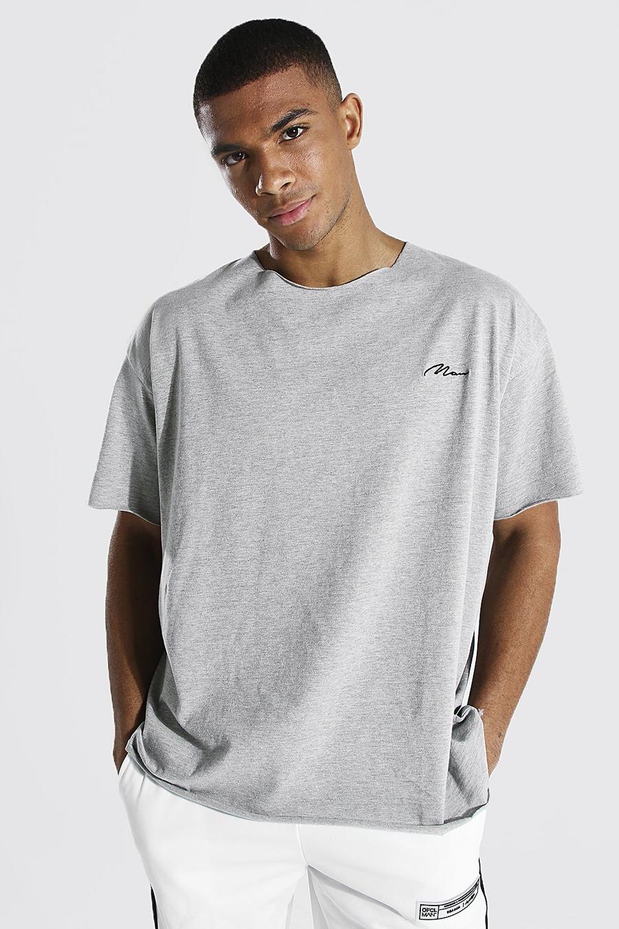 Übergroßes T-Shirt mit unbearbeitetem Saum und Man-Schriftzug, Grau meliert image number 1