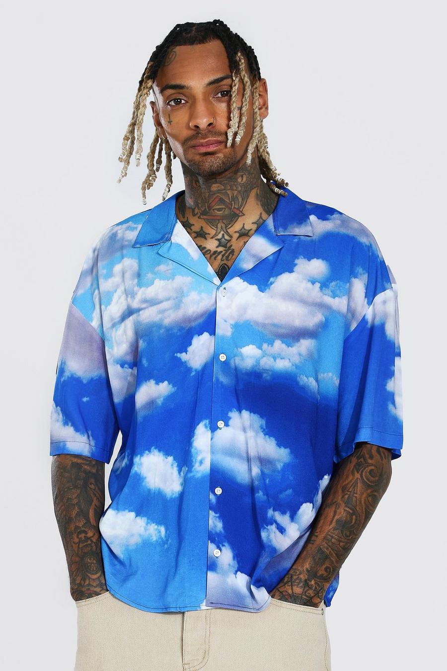כחול חולצת ויסקוזה בגזרה מרובעת עם צווארון מחויט והדפס ענן image number 1
