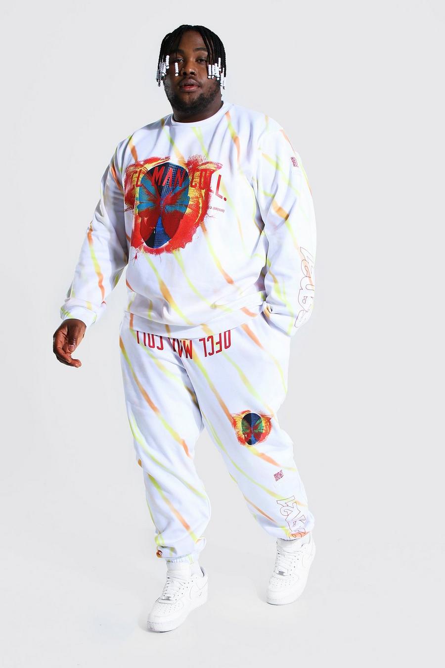 לבן חליפת טרנינג סווטשירט טאי-דאי עם כיתוב Man והדפס גולגולת למידות גדולות image number 1
