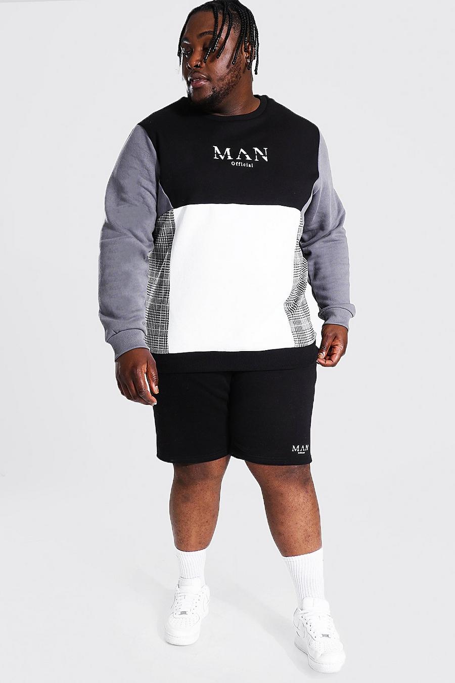 Tuta sportiva felpata con pantaloncini con pannelli e scritta Man a caratteri romani Plus, Nero image number 1