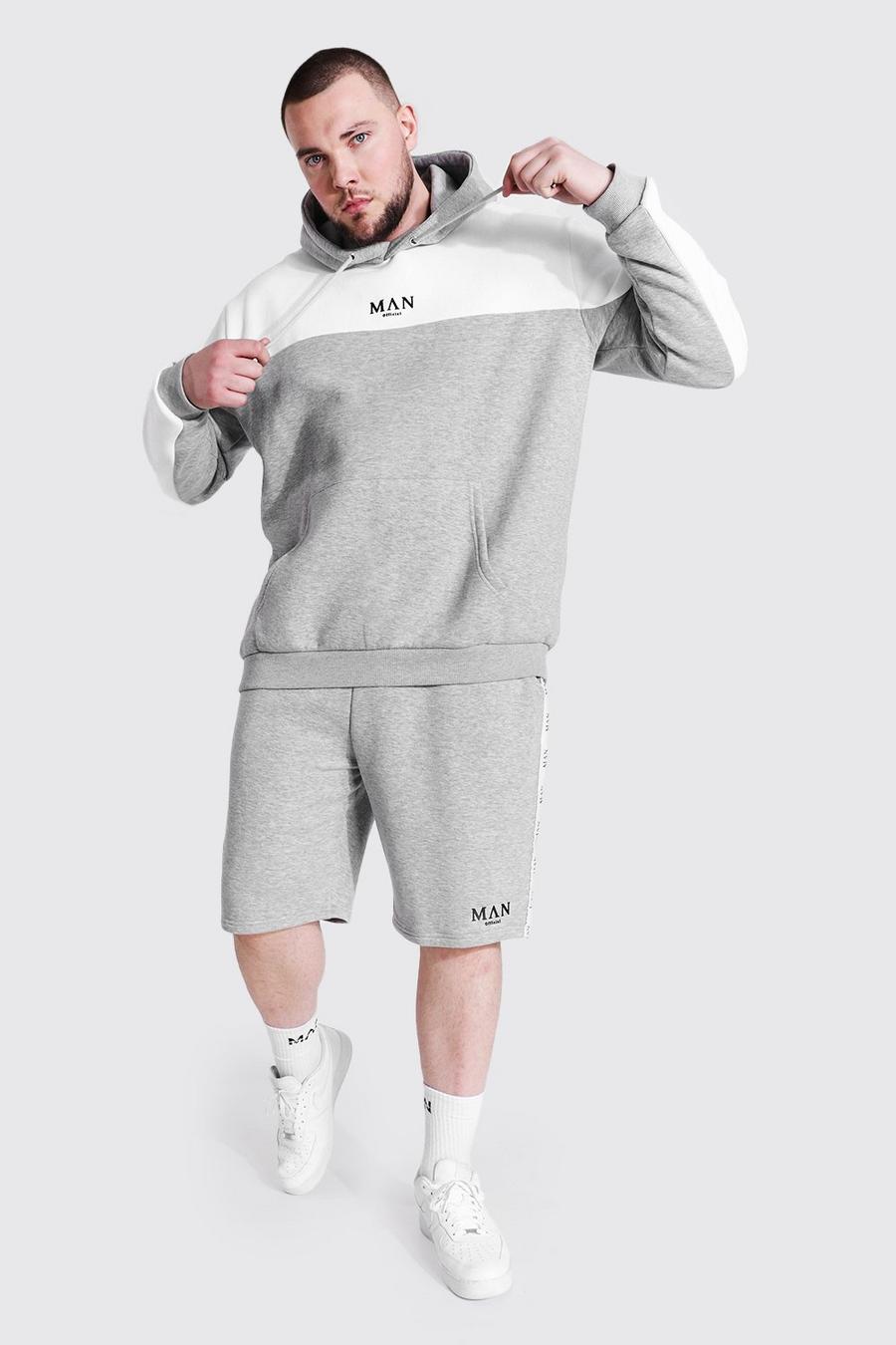 Grey marl Plus MAN Träningsoverall med shorts, blockfärger och kantband image number 1