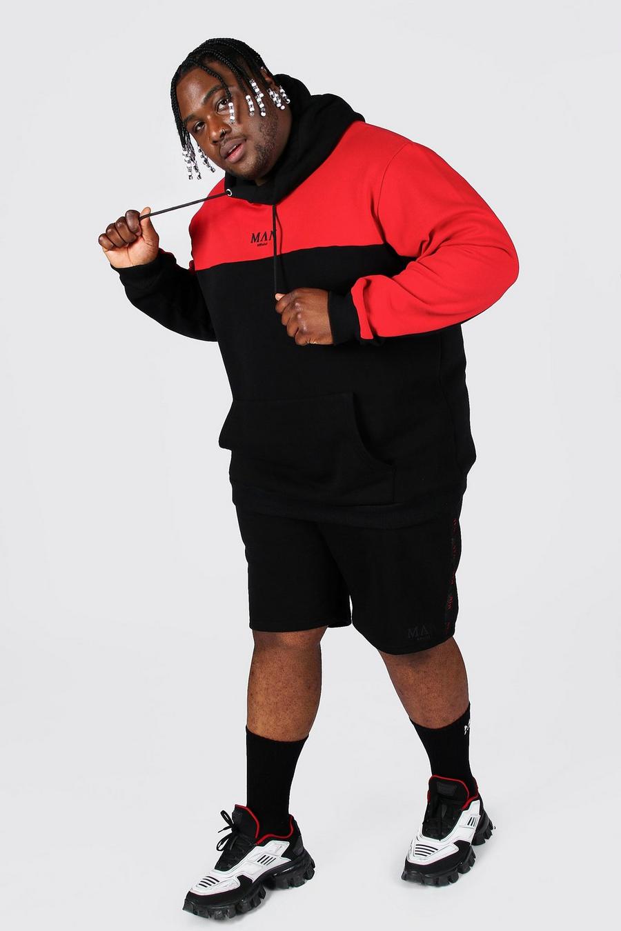 Red Plus size - MAN Träningsoverall med shorts, blockfärger och kantband image number 1