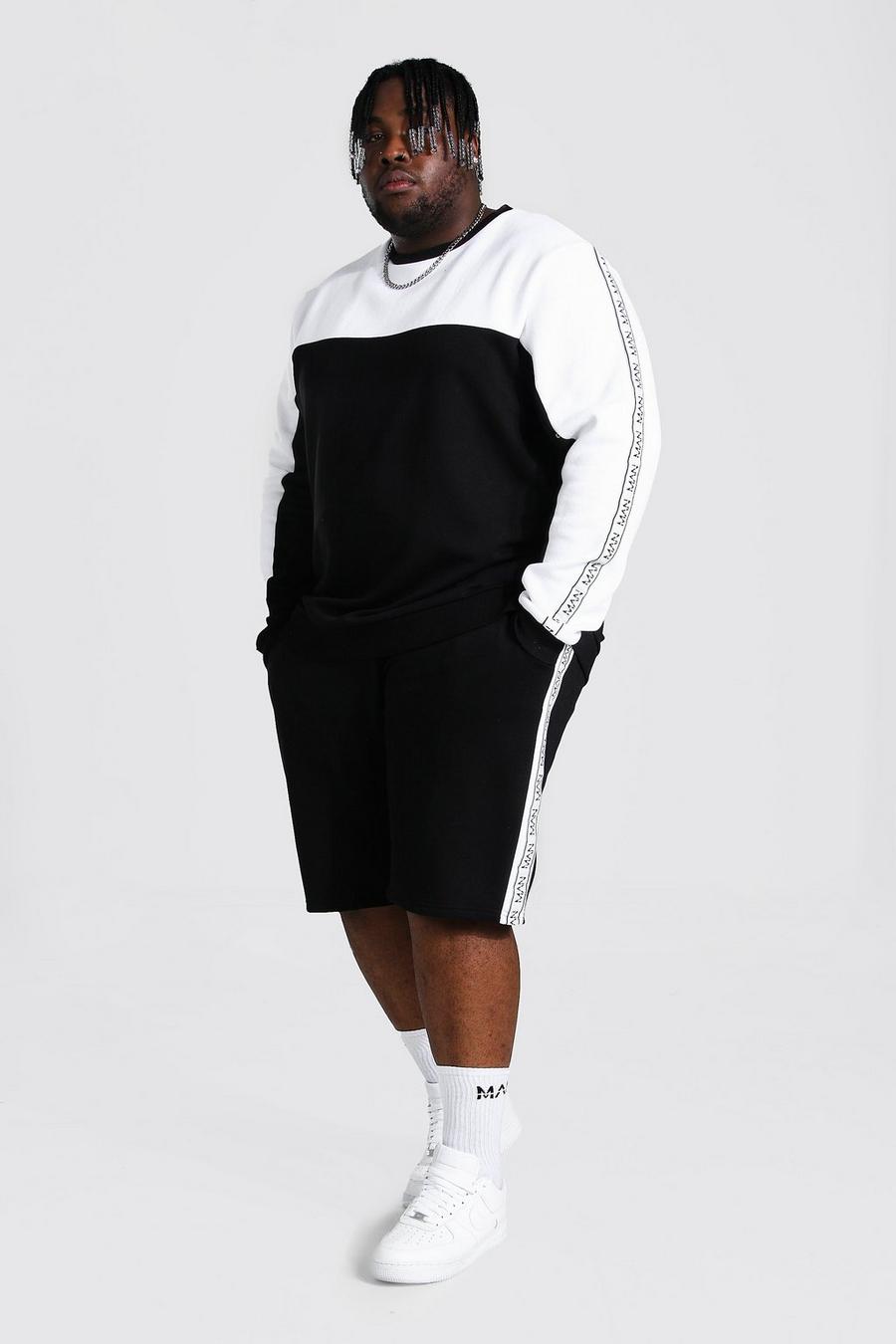 Plus Short-Trainingsanzug mit Colorblock und Man-Streifen, Schwarz image number 1