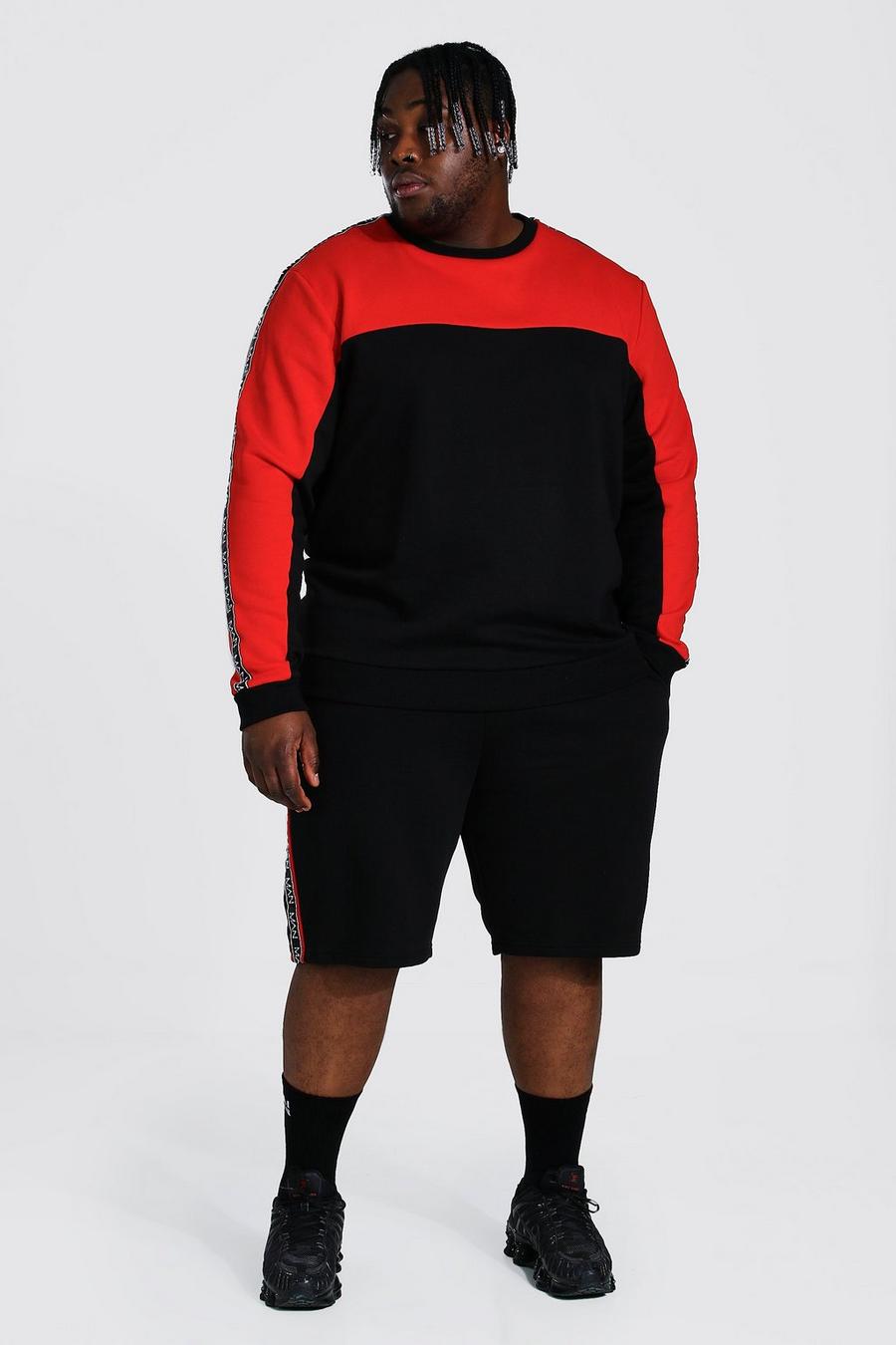Red Plus Gestreept Colour Block Man Trainingspak Met Shorts image number 1