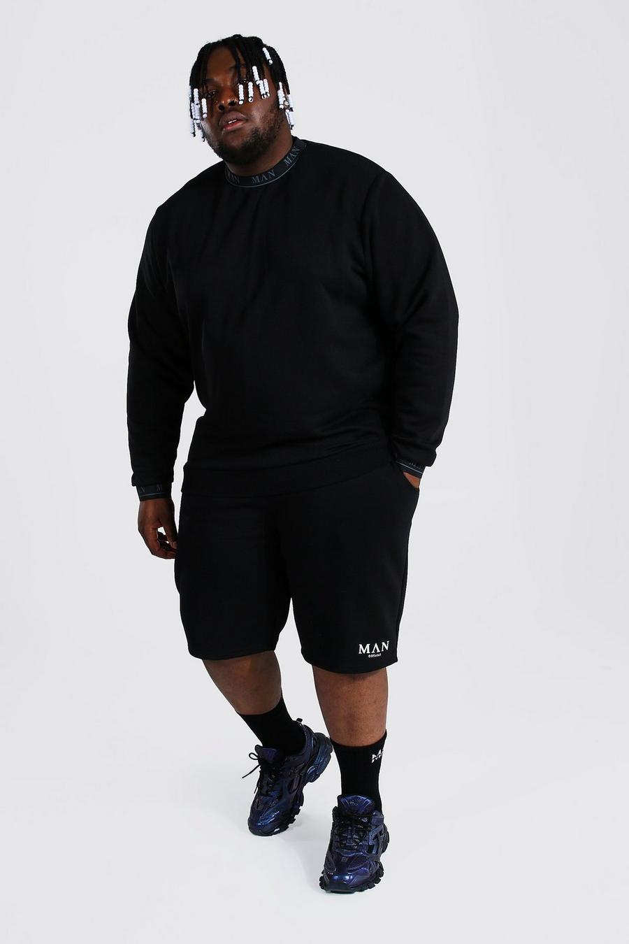 Black Plus Geribbeld Man Trainingspak Met Shorts En Tekst image number 1