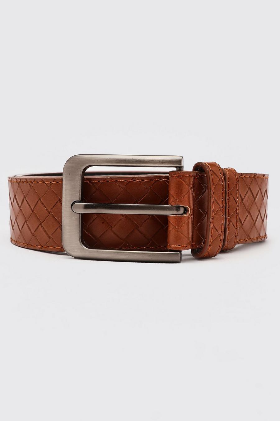 Cinturón elegante tejido con hebilla de borde redondeado, Marrón tostado image number 1