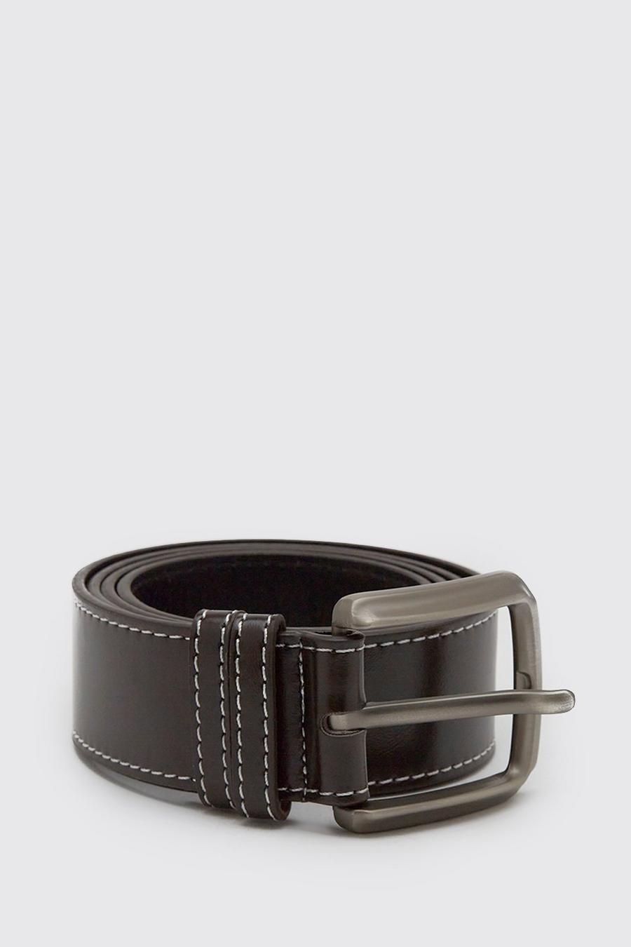 Cinturón elegante con detalle de puntadas en contraste, Marrón oscuro image number 1