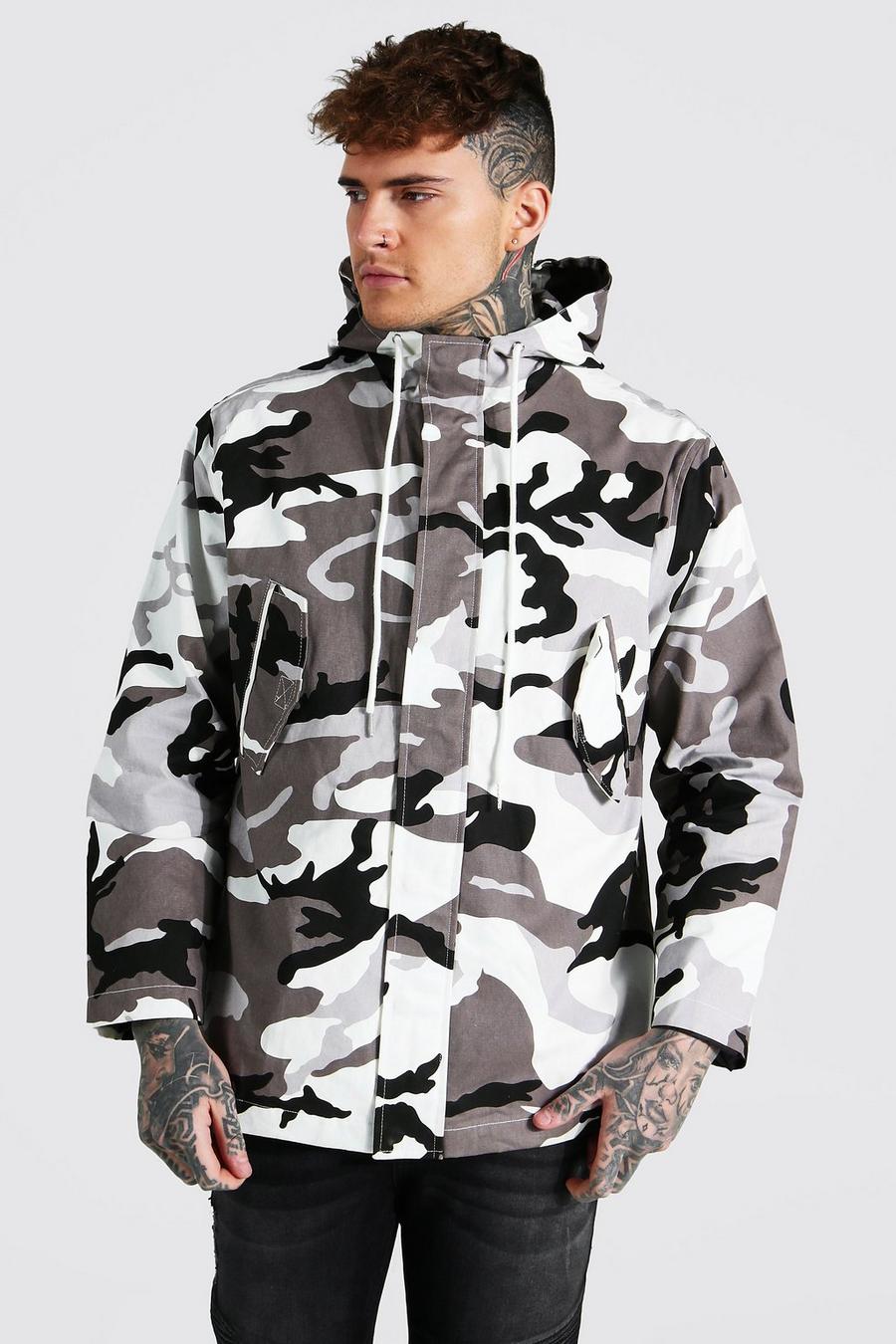 Grey Camo Twill Hooded Zip Through Jacket image number 1