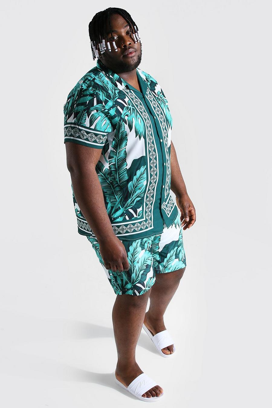 Green Plus size - Mönstrad kortärmad skjorta med bowlingkrage och badshorts image number 1