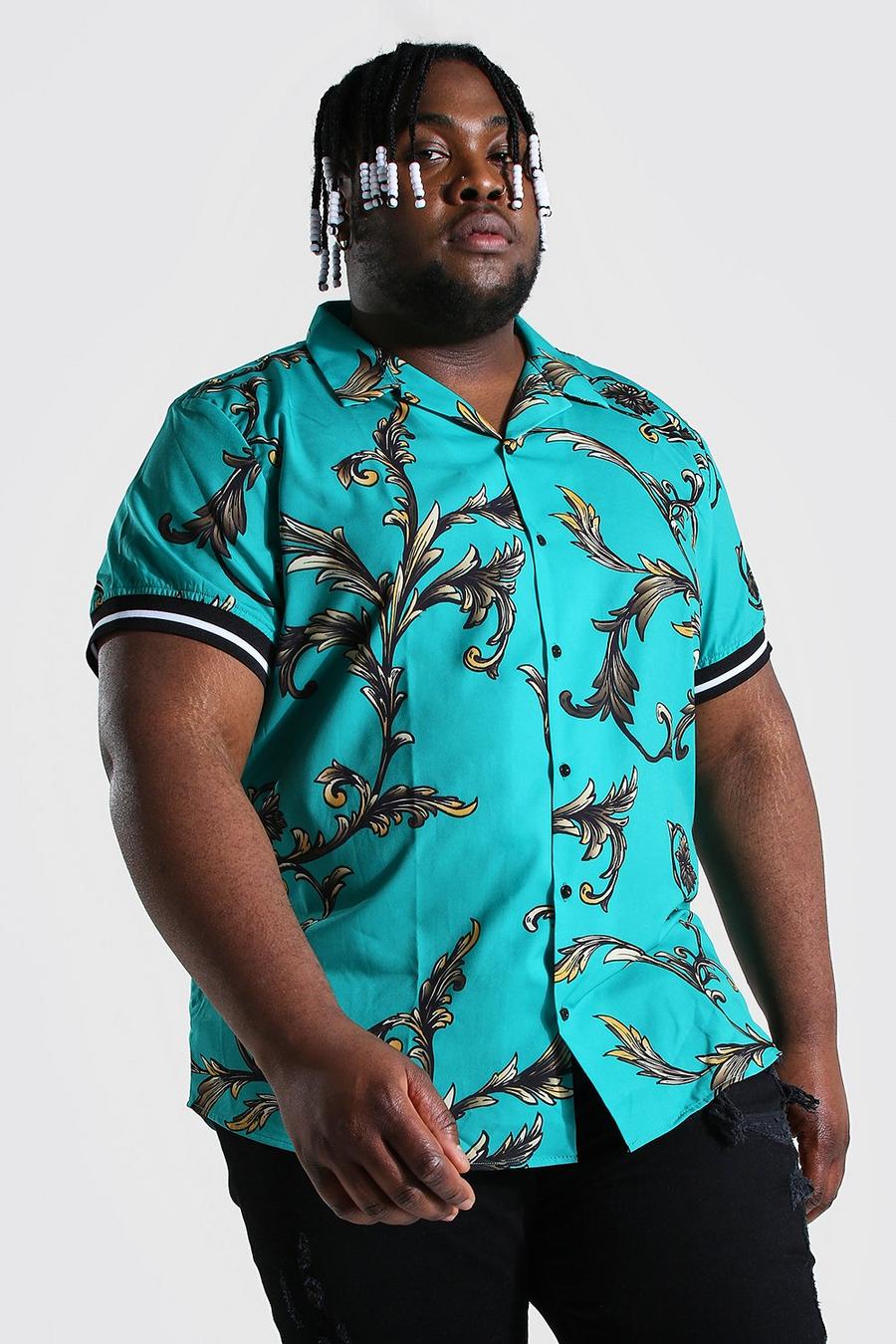 Green Plus size - Kortärmad skjorta med bowlingkrage och barockmönster image number 1