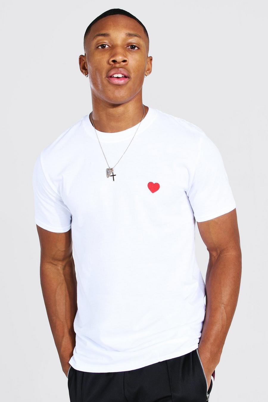 White Geborduurd Valentijns Hart T-Shirt image number 1
