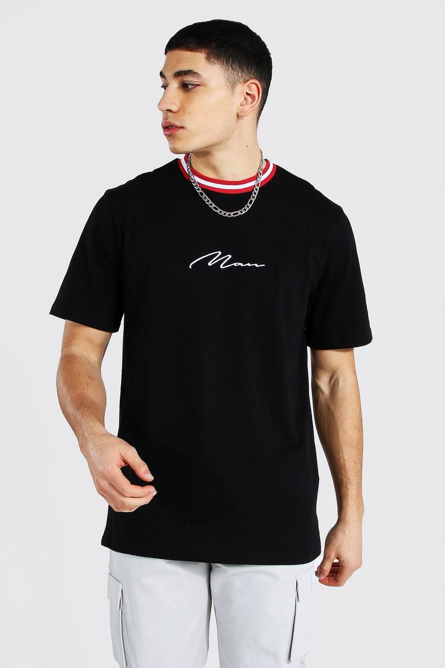 Sport-T-Shirt mit geripptem Ausschnitt und MAN-Schriftzug, Schwarz image number 1