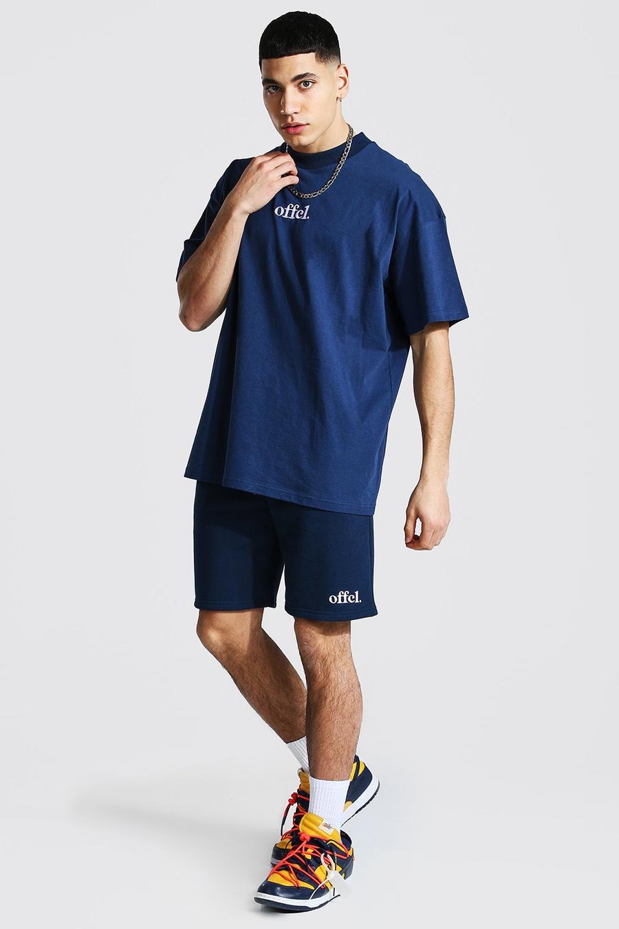 Navy Oversized Offcl T-Shirt Met Brede Nek En Shorts image number 1