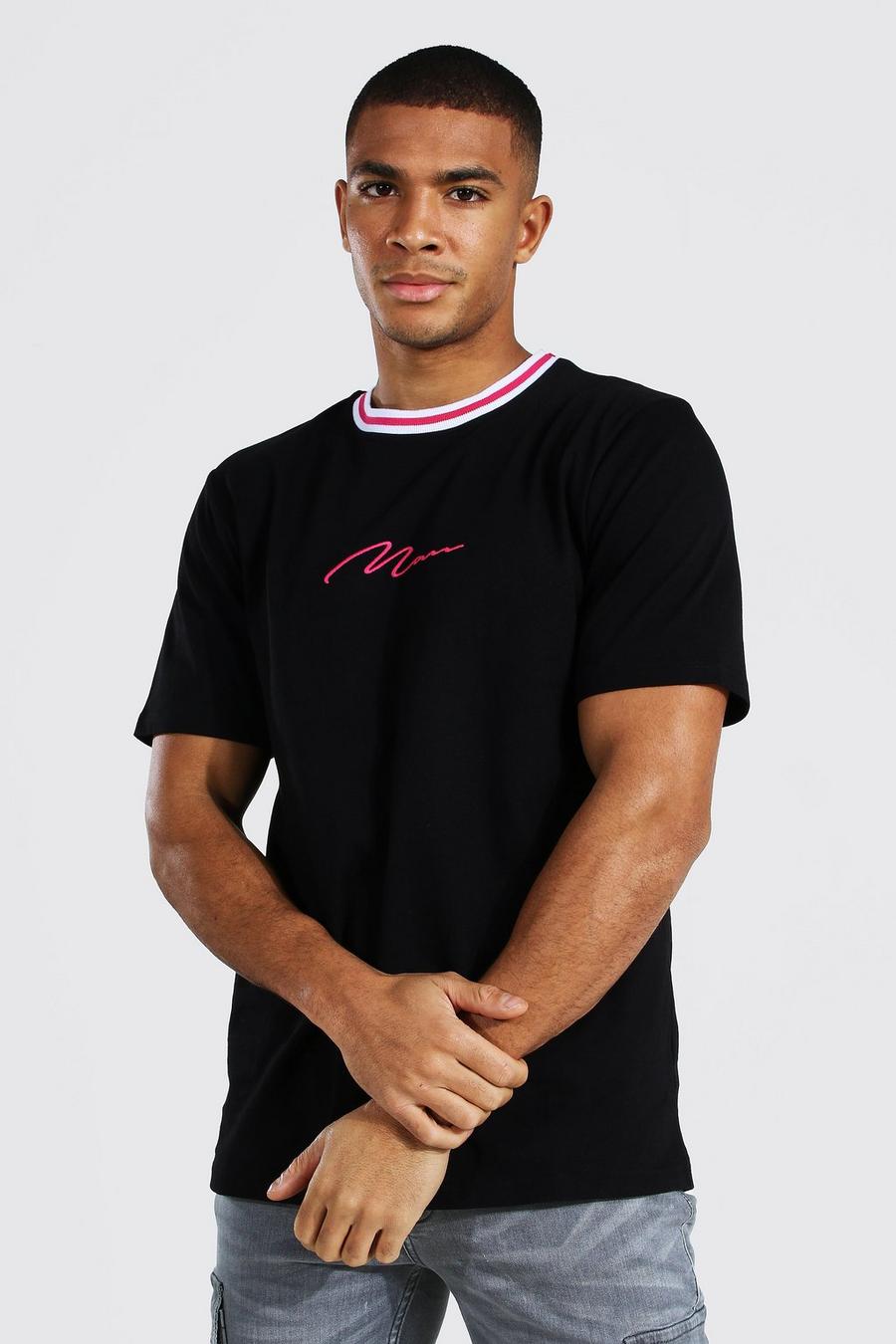 Black Man Signature Gestreept T-Shirt Met Geribbelde Nek image number 1