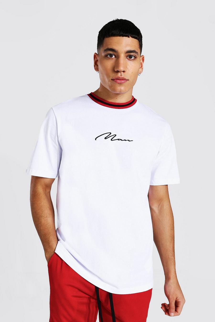 Camiseta con cuello de canalé deportiva de la firma MAN, Blanco image number 1