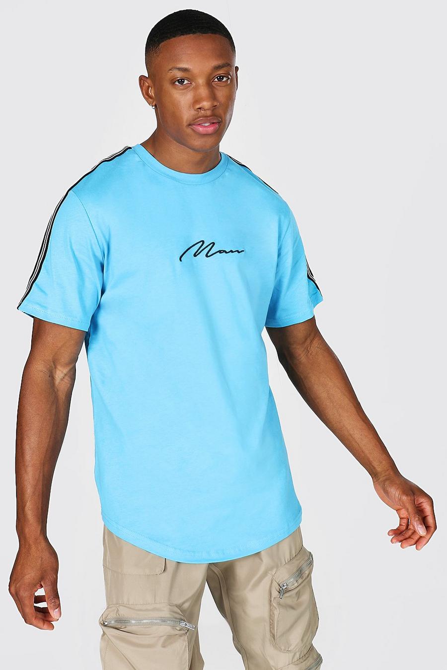 Bright blue Man Signature Strak Gestreept T-Shirt Met Ronde Zoom image number 1