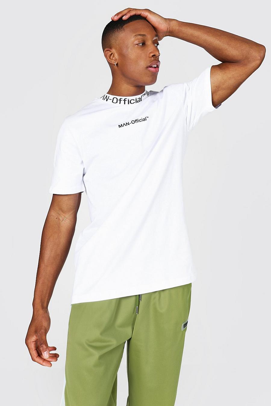 T-shirt con collo in jacquard con scritta Man Official, Bianco image number 1