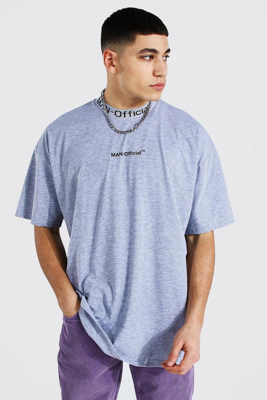 T-shirt oversize con collo in jacquard con scritta Man Official, Grigio mélange image number 1