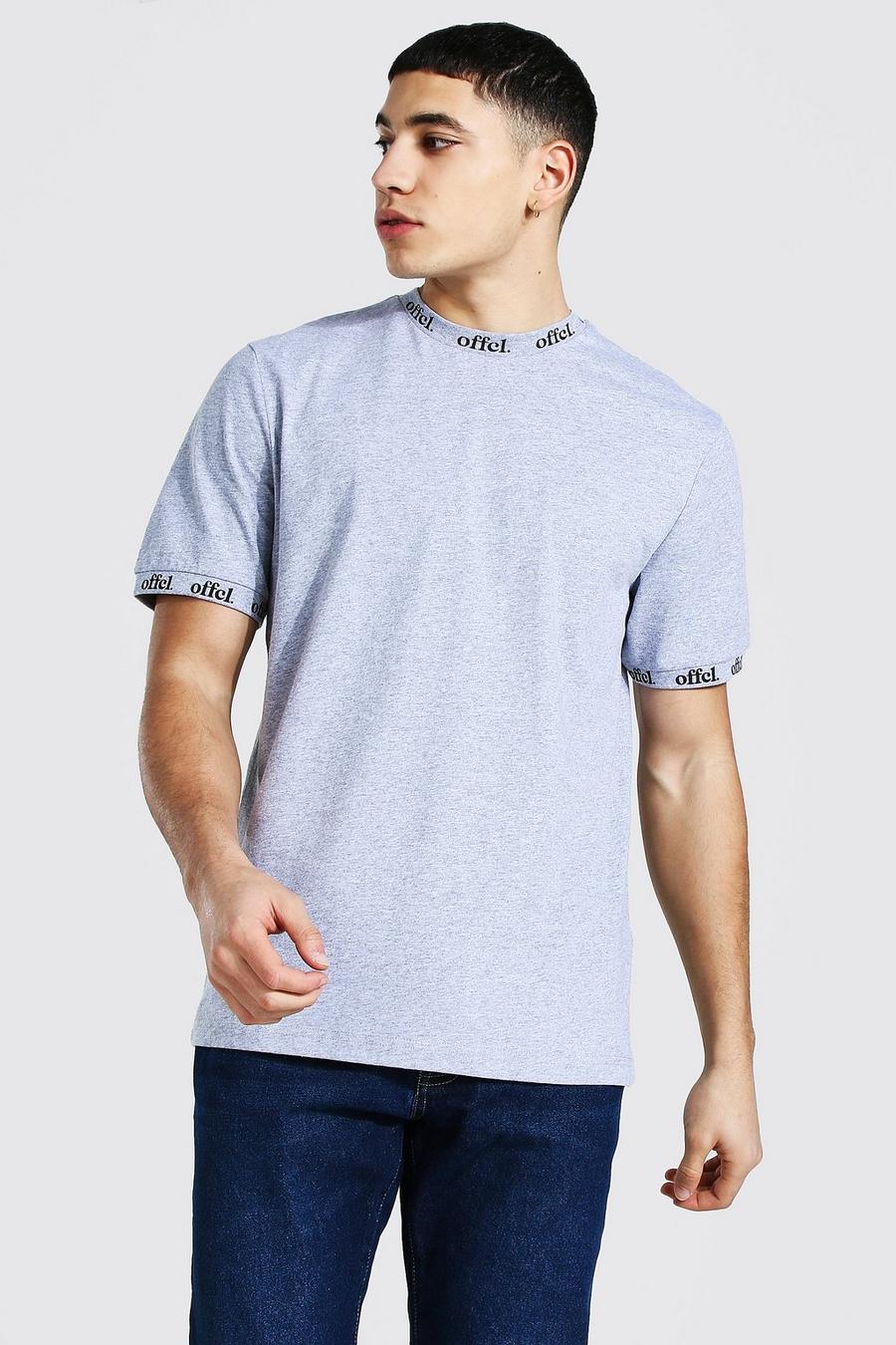 T-Shirt mit Offcl-Print an Kragen und Bündchen, Grau meliert image number 1