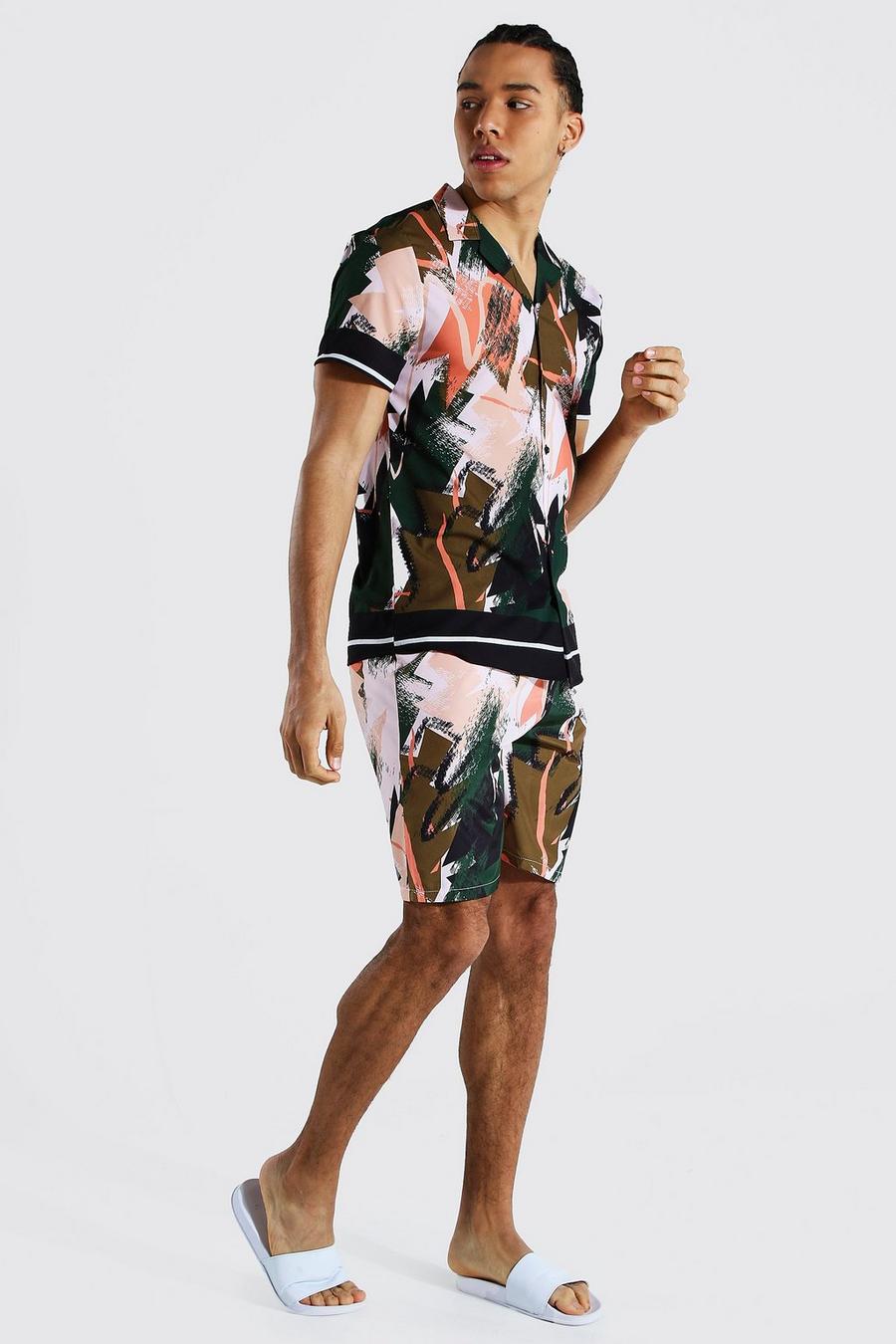 Tall Shirt mit Reverskragen und Schwimmhosen mit abstraktem Print, Khaki image number 1