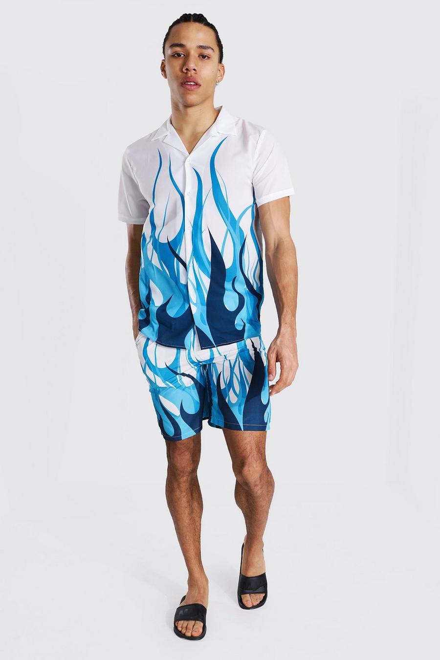 Tall Boxy Shirt mit Reverskragen und Shorts mit Flammen-Print, Blau image number 1