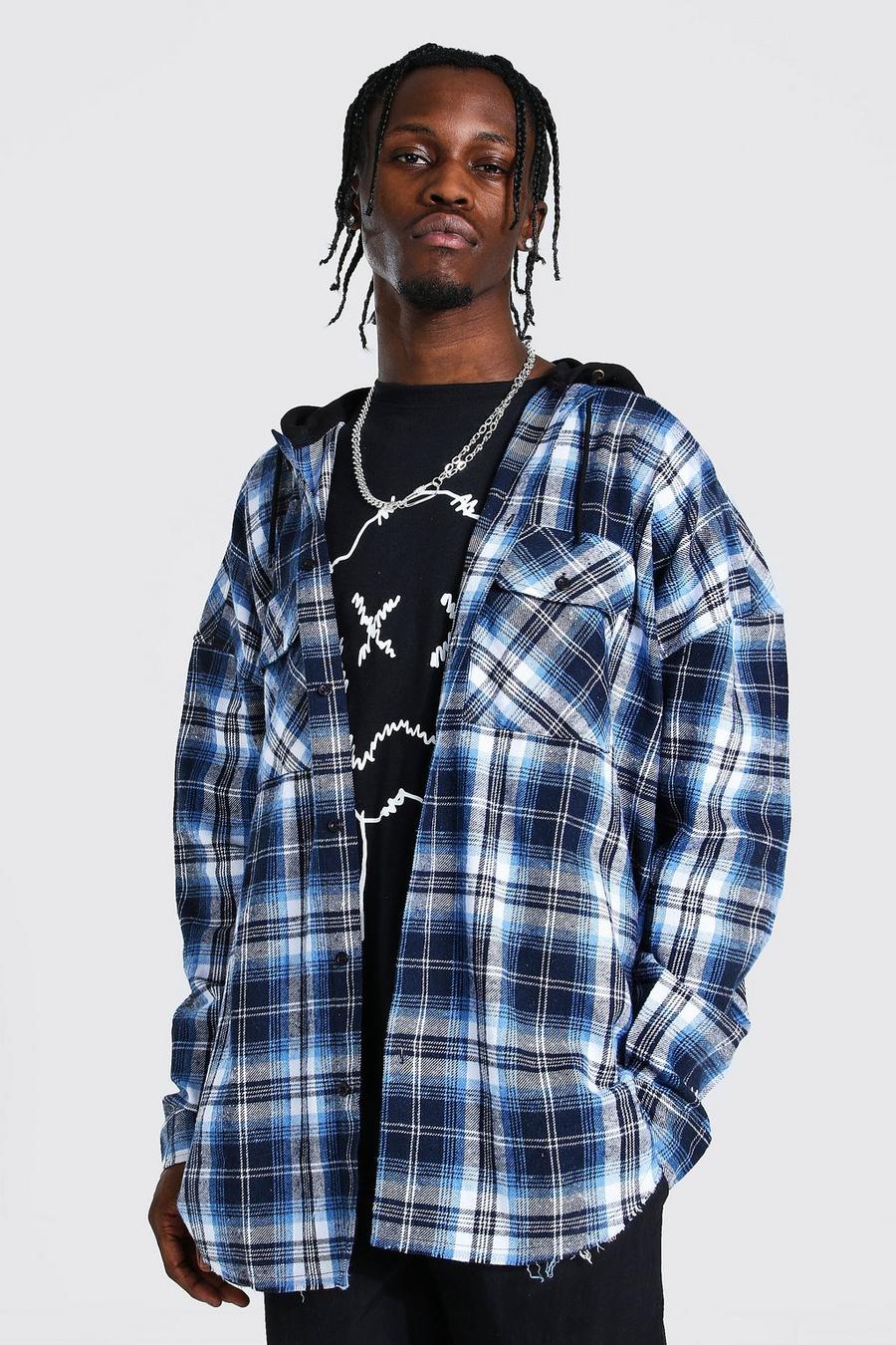 Light blue Oversized Heavy Weight Check Hooded Overshirt image number 1