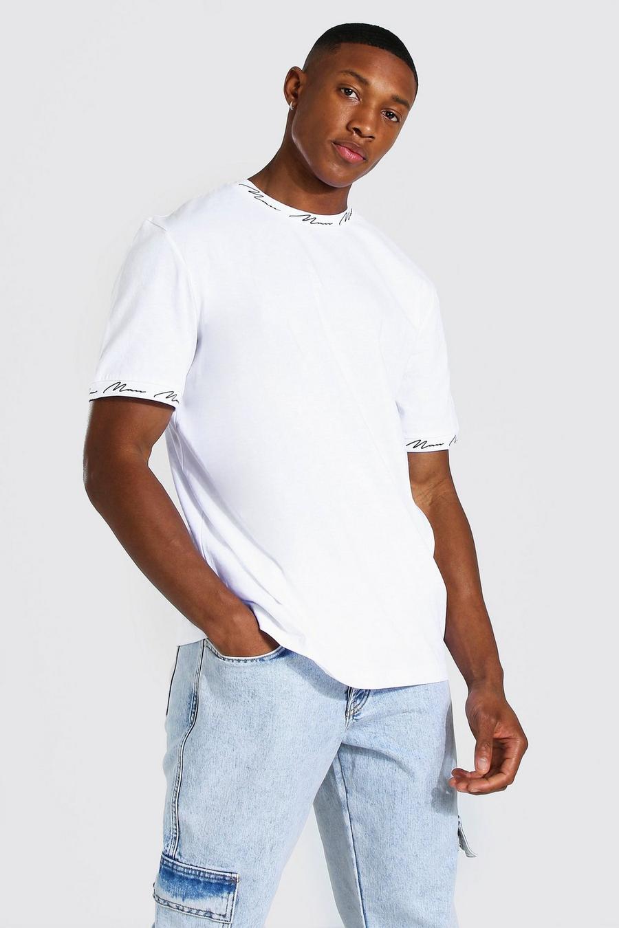 T-Shirt mit Print und MAN-Schriftzug an Hals und Bündchen, Weiß image number 1