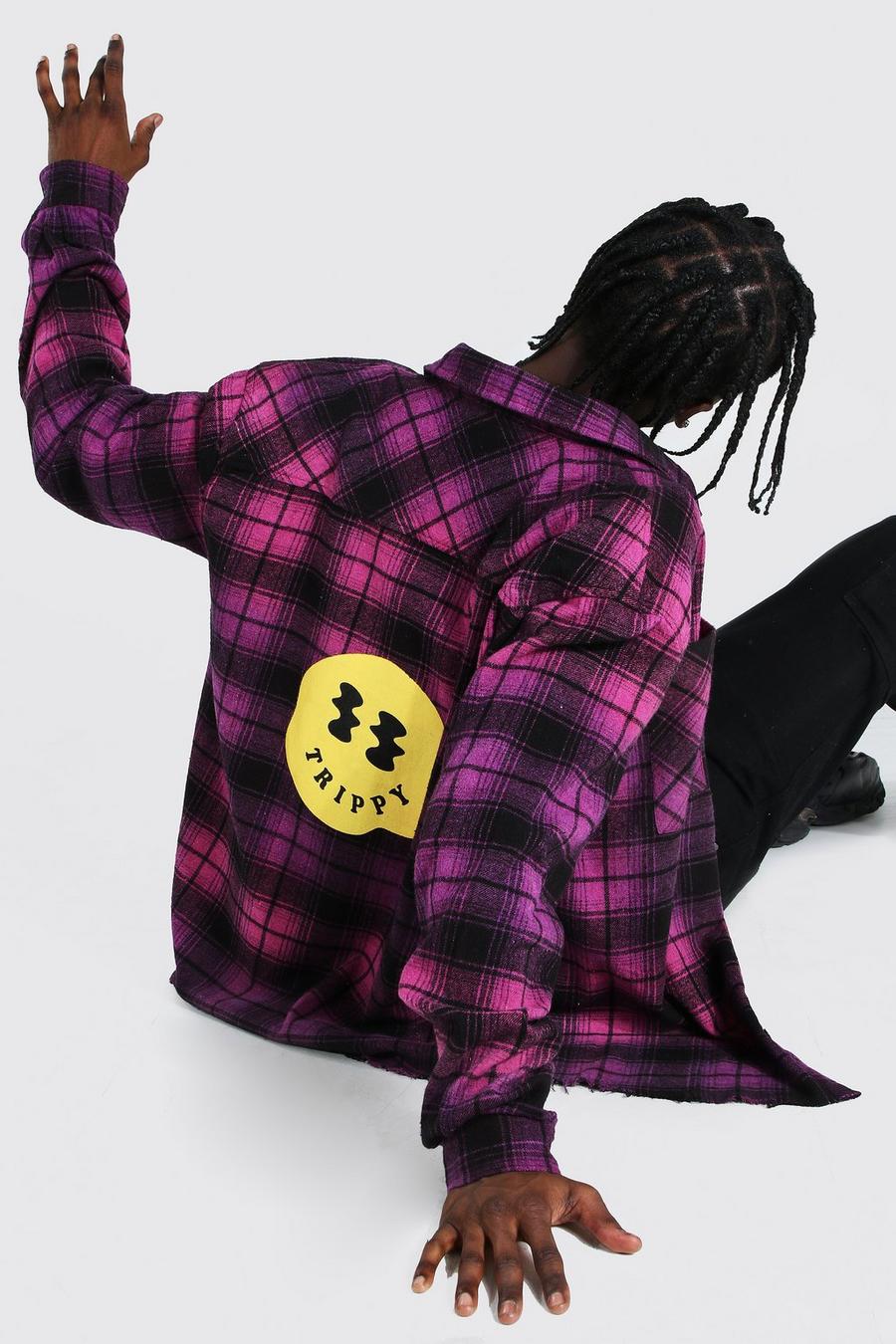 Oversized Ombre Check Shirt With Print, Purple violet image number 1